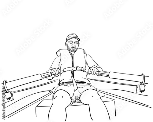 Hand-drawn vector illustration of man rowing boat wearing life jacket and cap. Clean black and white line art without shading, isolated on white. Water sports, outdoor adventures, active lifestyle