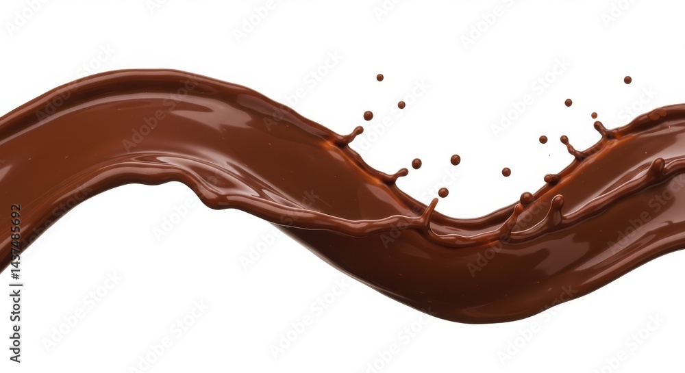 A chocolate wave with droplets on a white background creating a delicious and sweet treat splash A chocolate wave with droplets on a white background creating a delicious and sweet treat splash