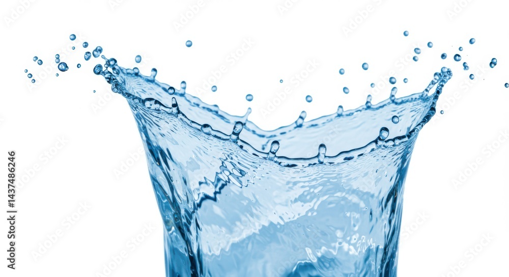 Close up view of a water splash with droplets against a white background in a studio shot scene Close up view of a water splash with droplets against a white background in a studio shot scene