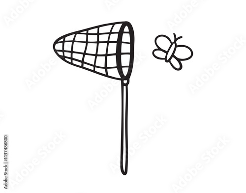 catching butterfly cartoon butterfly net icon doodle hand drawn. Outline line drawing clipart symbol