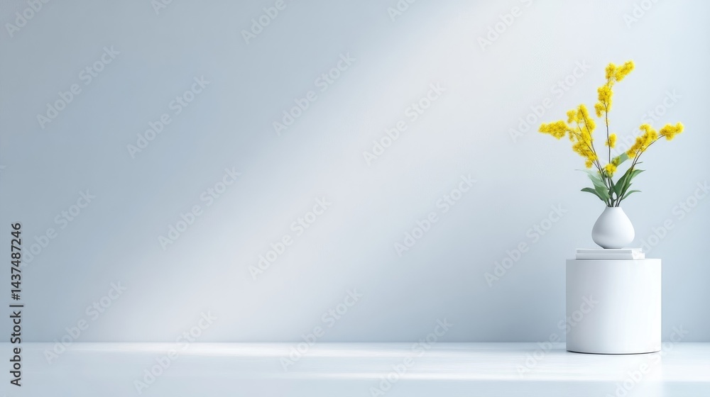 custom made wallpaper toronto digitalA white ceramic vase with yellow flowers standing on a minimalist white surface against a soft pastel blue wall, natural light illuminating the scene, and elegant and serene composition.