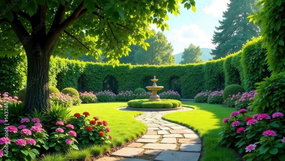 Fototapeta premium Serene Garden Oasis A Picturesque Pathway Winds Through Lush Greenery, Adorned with Blooming Flowers and a Tranquil Fountain at its Center