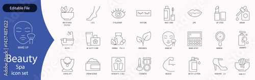 Beauty and Spa set of web icons in line style. Cosmetics services & Spa icons for web and mobile app. Spa treatments, skin care, massage, hyaluronic acid, serum, anti ageing, pore tighten, cosmetology