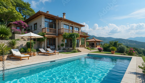 Wallpaper Mural Beautiful large villa on a hill with swimming pool, lounge chairs surround it, with beautiful rolling mountains under the beautiful sky.  Luxurious and peaceful villa.  Torontodigital.ca