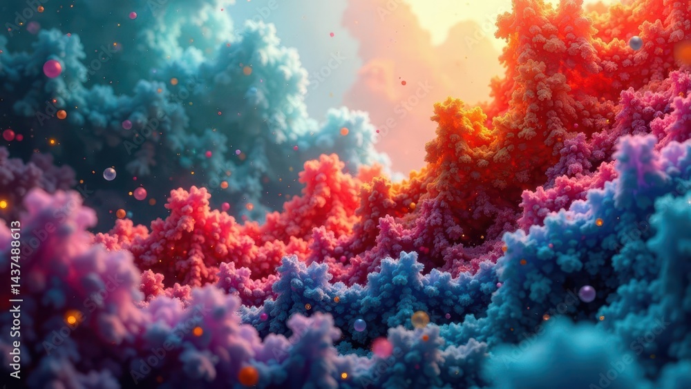 Fototapeta premium A vibrant landscape of colorful, textured clouds with floating luminous orbs, bathed in a warm, ethereal light.