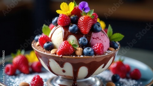 Decadent Dessert Creation A Symphony of Creamy Ice Cream, Rich Chocolate, and Vibrant Berries