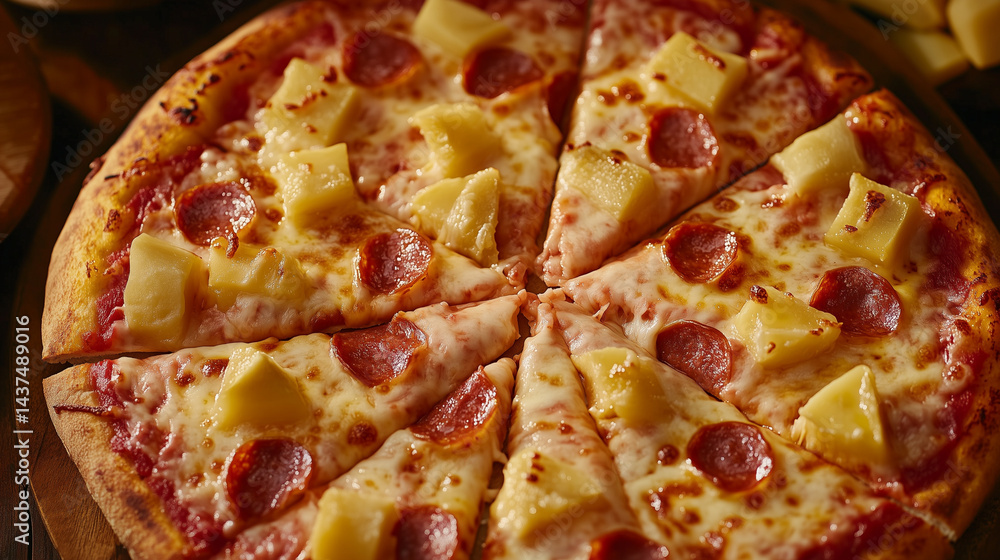 Top view of Pizza hawaiian and cheese Top view of Pizza hawaiian and cheese
