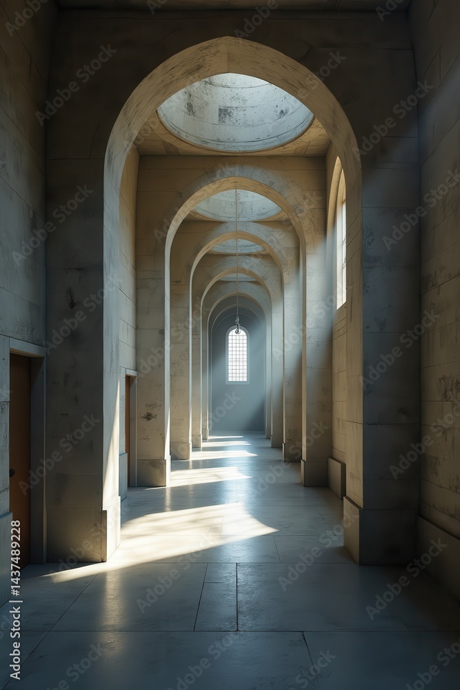 Fototapeta premium Sunlight streaming arched hallway windows in serene architectural space