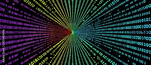 Rainbow colored binary code streams towards a central point against a black background.