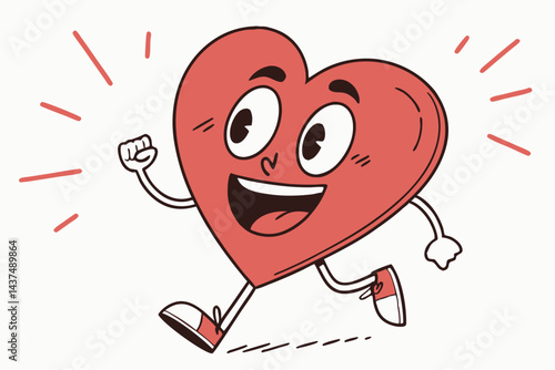 Retro Cartoon Heart Character Running With Joyful Expression and Sparkles On OffWhite
