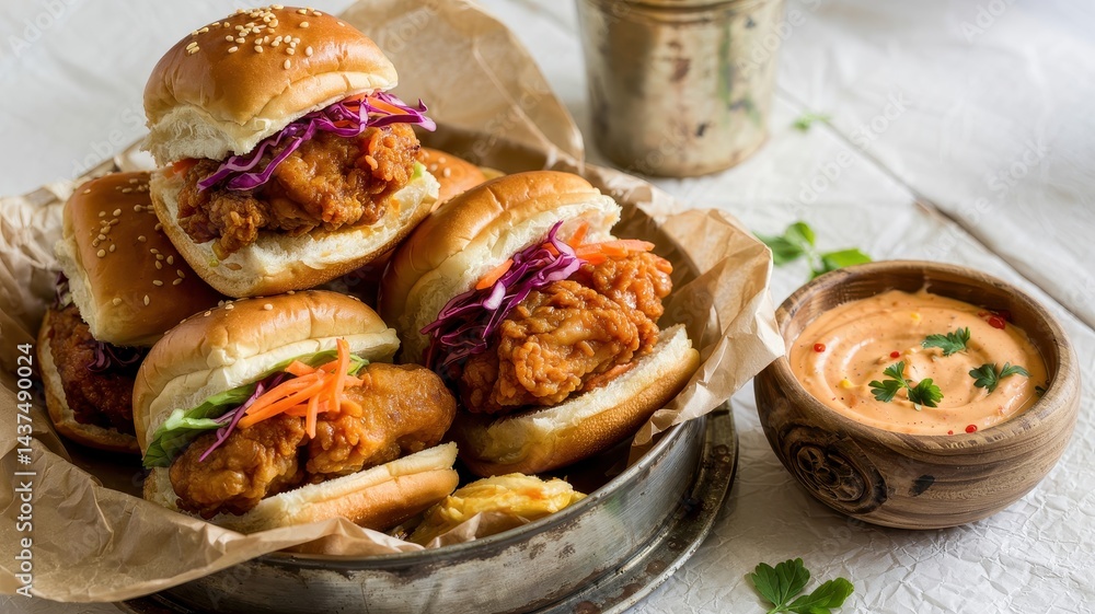 Chicken sliders with crunchy slaw and dipping sauce on rustic tray Chicken sliders with crunchy slaw and dipping sauce on rustic tray