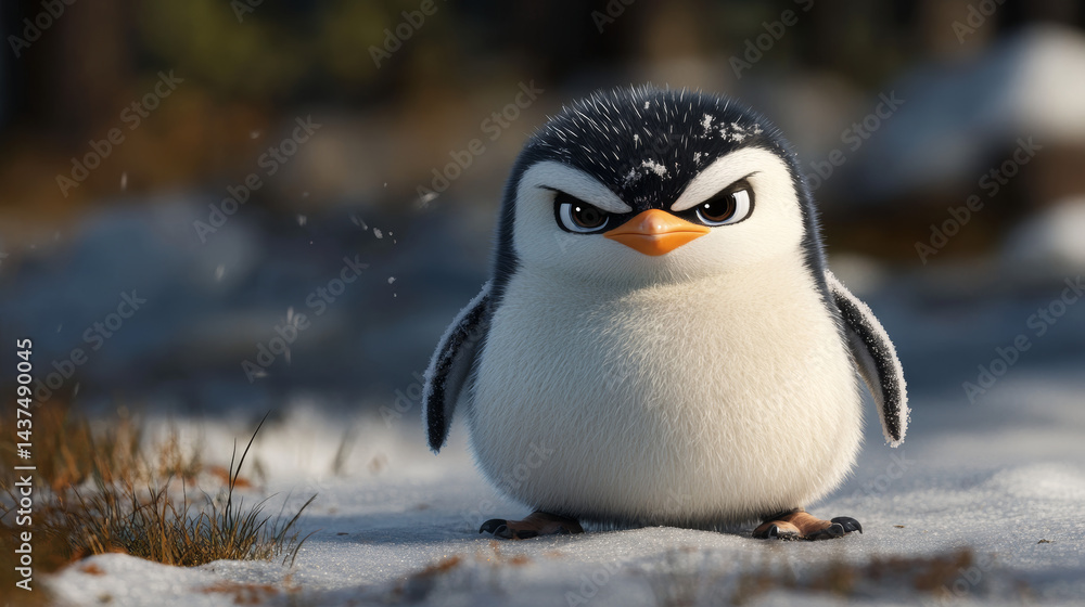 Fototapeta premium A chubby, fluffy penguin stomps its tiny feet, fists clenched, glaring with squinted eyes—frustrated yet funny and irresistibly cute.