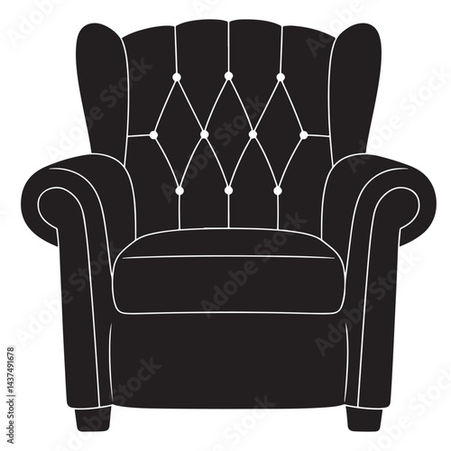 Flat Black Silhouette of Vintage Armchair with Soft Padding Front View – Vector Illustration