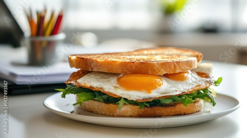 Sunnyside up egg sandwich on white plate