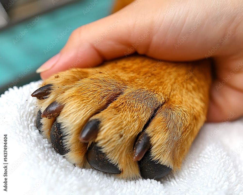 Obraz premium Gentle hand holds a dog's paw on a towel