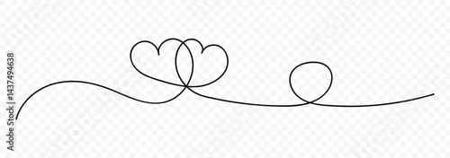Heart lines. Continuous line drawing of two hearts on transparent background. One line drawing heart. Hand drawn banner for valentine's day. Vector illustrator