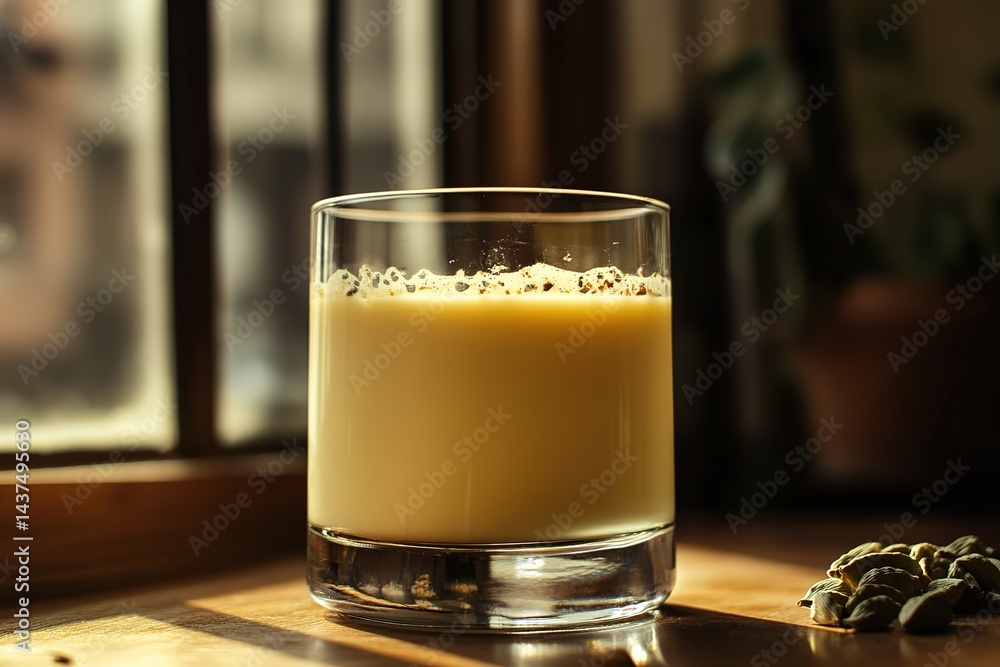 A sweet and tangy mango lassi served in a clear glass with a dash of cardamom A sweet and tangy mango lassi served in a clear glass with a dash of cardamom