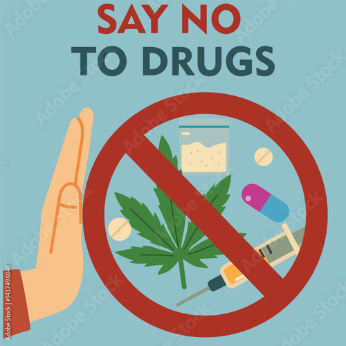 vector illustration, drug kills poster. In vector flat style. On background several types of drugs cocaine heroin heroin cigarette pills syringe and human skull as a sign of death.