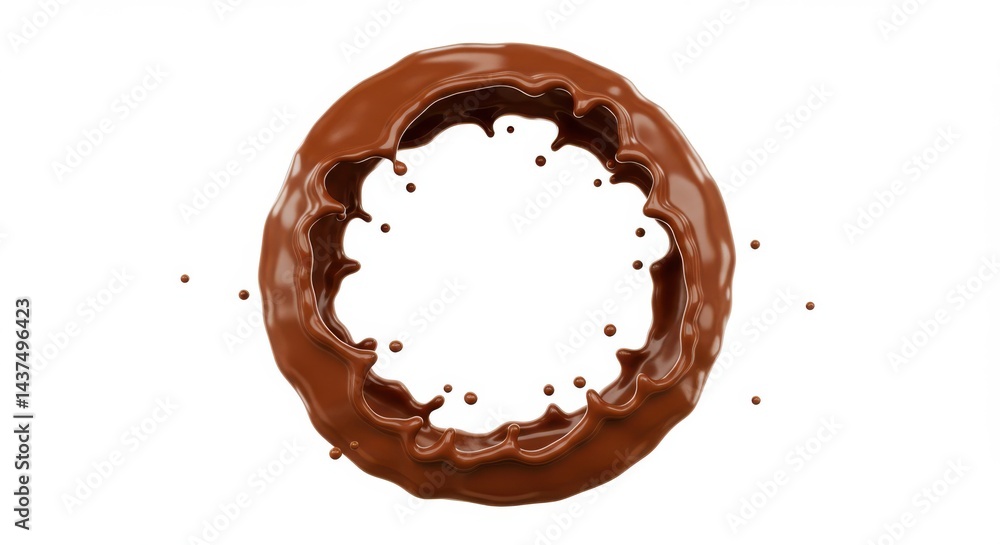 A dynamic splash of chocolate forming a ring shape against a clean white background in studio shot A dynamic splash of chocolate forming a ring shape against a clean white background in studio shot