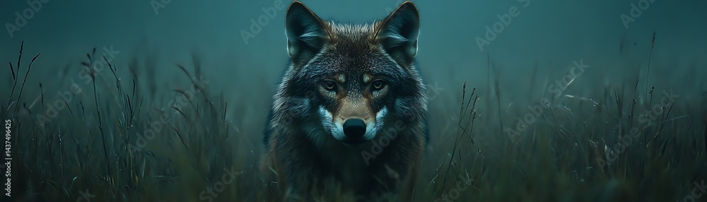Obraz premium Intense coyote stalks amidst tall grass at dusk. Wildlife illustration, background