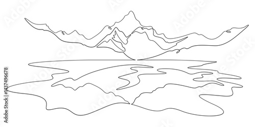 Continuous one line drawing mountain peak. A high mountain is reflected in a mountain lake. The landscape is reflected in the water.One continuous line isolated minimal illustration.Not AI.
