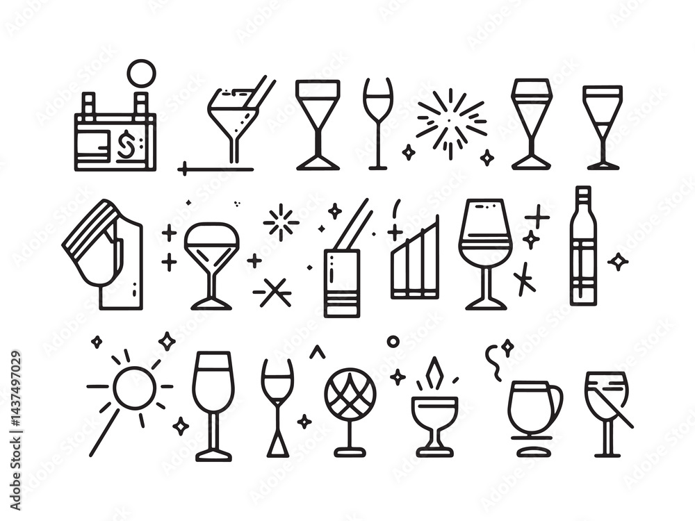 Vector icons set includes silhouette designs for various drinks like beer, wine, cocktail, coffee, tea, juice, soda, and water in glass, cup, or bottle symbols for bar or beverage illustrations Vector icons set includes silhouette designs for various drinks like beer, wine, cocktail, coffee, tea, juice, soda, and water in glass, cup, or bottle symbols for bar or beverage illustrations