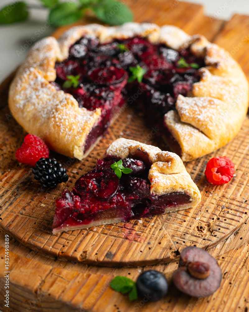 Galette tart with red berries, cherries, raspberries and blackberries. Top view table with christmas decoration. Galette tart with red berries, cherries, raspberries and blackberries. Top view table with christmas decoration.
