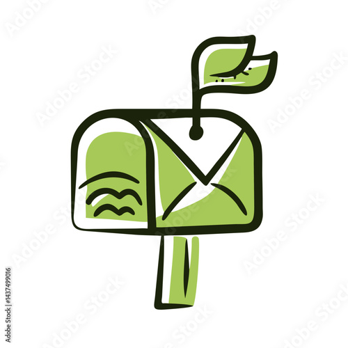 Green eco-friendly mailbox icon with leaf flag for nature-inspired communication and sustainability concepts