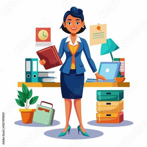 Indian female professional managing office documents, arranging folders, overseeing workplace organization and efficiency.