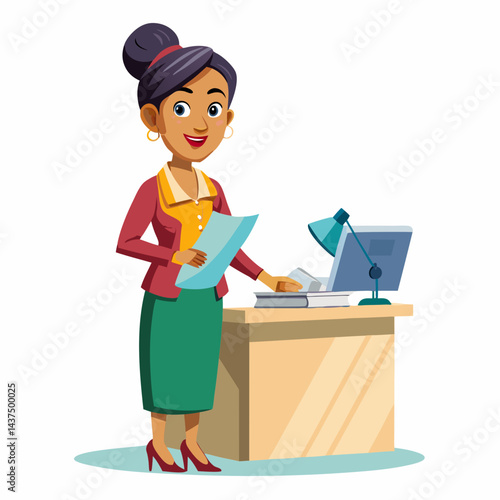 Smiling indian public relations officer drafting press release in corporate environment. Young indian female professional creating media brief, preparing communication strategy, working on official ne