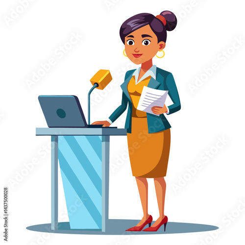 Smiling indian public relations officer drafting press release in corporate environment. Young indian female professional creating media brief, preparing communication strategy, working on official ne