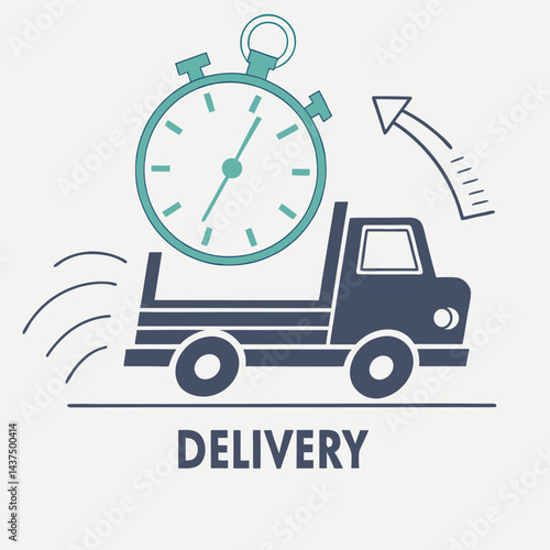 Fast Shipping Truck with Stopwatch Outline, Arrow, Blue Color Palette on Beige Tone