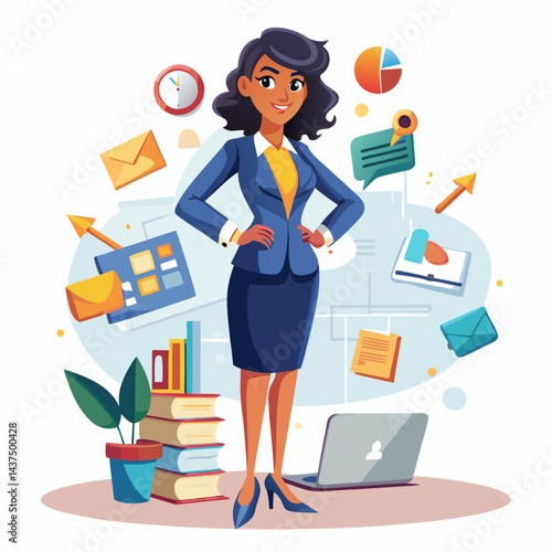 Creative Indian female media planner working on advertising campaign strategies in contemporary office setting.