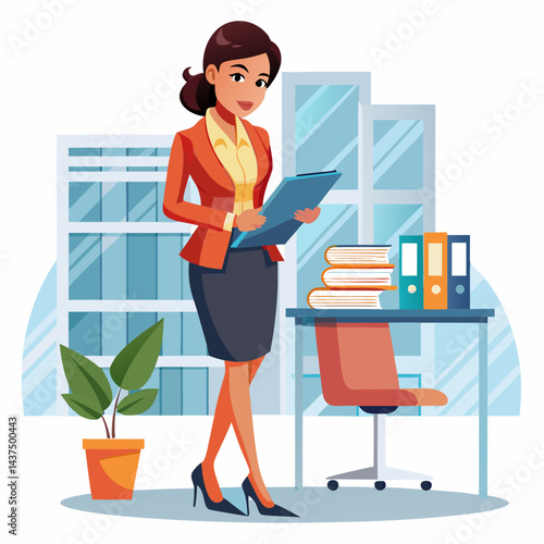 Indian female personal assistant working in high-rise office, arranging documents on office desk