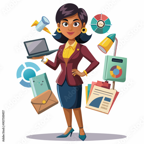 Creative Indian female media planner working on advertising campaign strategies in contemporary office setting.