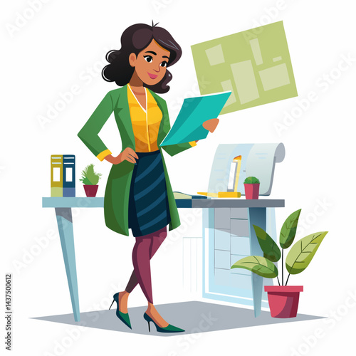 Stylish Indian interior designer reviewing design layouts in modern workspace. 