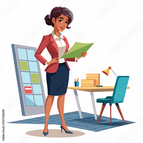 Stylish Indian interior designer reviewing design layouts in modern workspace. 
