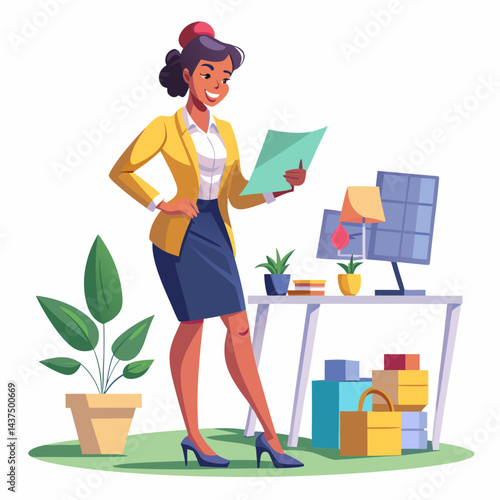Stylish Indian interior designer reviewing design layouts in modern workspace. 
