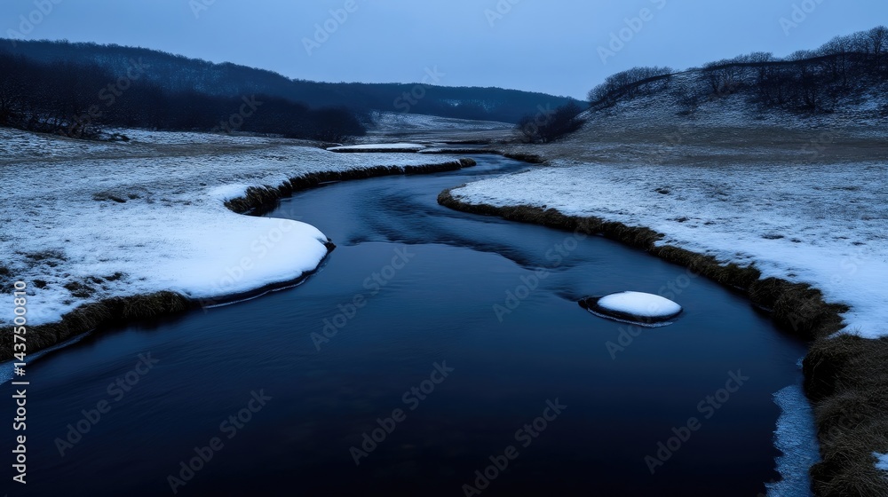 Fototapeta premium Winter stream winding through snowy landscape