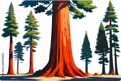 A watercolor depiction of a Giant Sequoia (Sequoiadendron giganteum), showing its towering red trunk and dense foliage, isolated on white BAckground