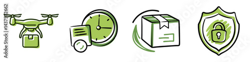 Secure trust emblem, timely delivery concept with green lock and shield, parcel delivery and delivery drone icon set