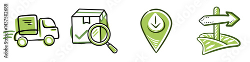 Eco-friendly drop off point symbol, directional arrow sign, package inspection and express delivery service icon set for sustainable living and recycling initiatives