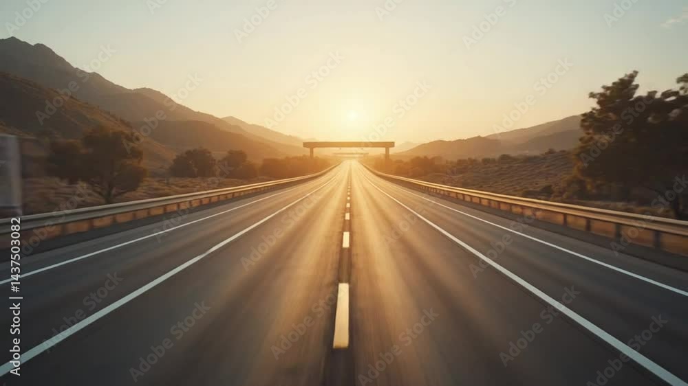 Endless Journey: A Cinematic View of a Straight Highway Stretching to the Horizon at Sunrise Endless Journey: A Cinematic View of a Straight Highway Stretching to the Horizon at Sunrise