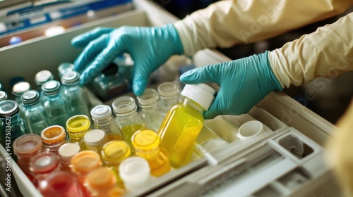 Hands in teal gloves arranging containers in storage bin