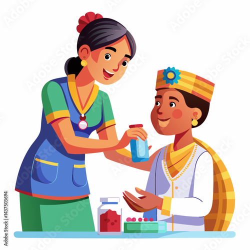 Caring Indian nurse administering medication to a patient in hospital setting