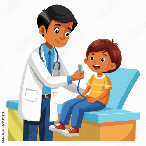 Indian pediatrician gently examining child in hospital setting. Pediatrician doctor, healthcare professional treating kid in medical clinic, child care, doctor-patient interaction.

