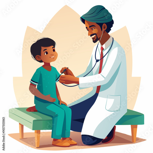 Flat Vector of Indian Pediatrician doctor, healthcare professional treating kid in medical clinic, child care, doctor-patient interaction.

