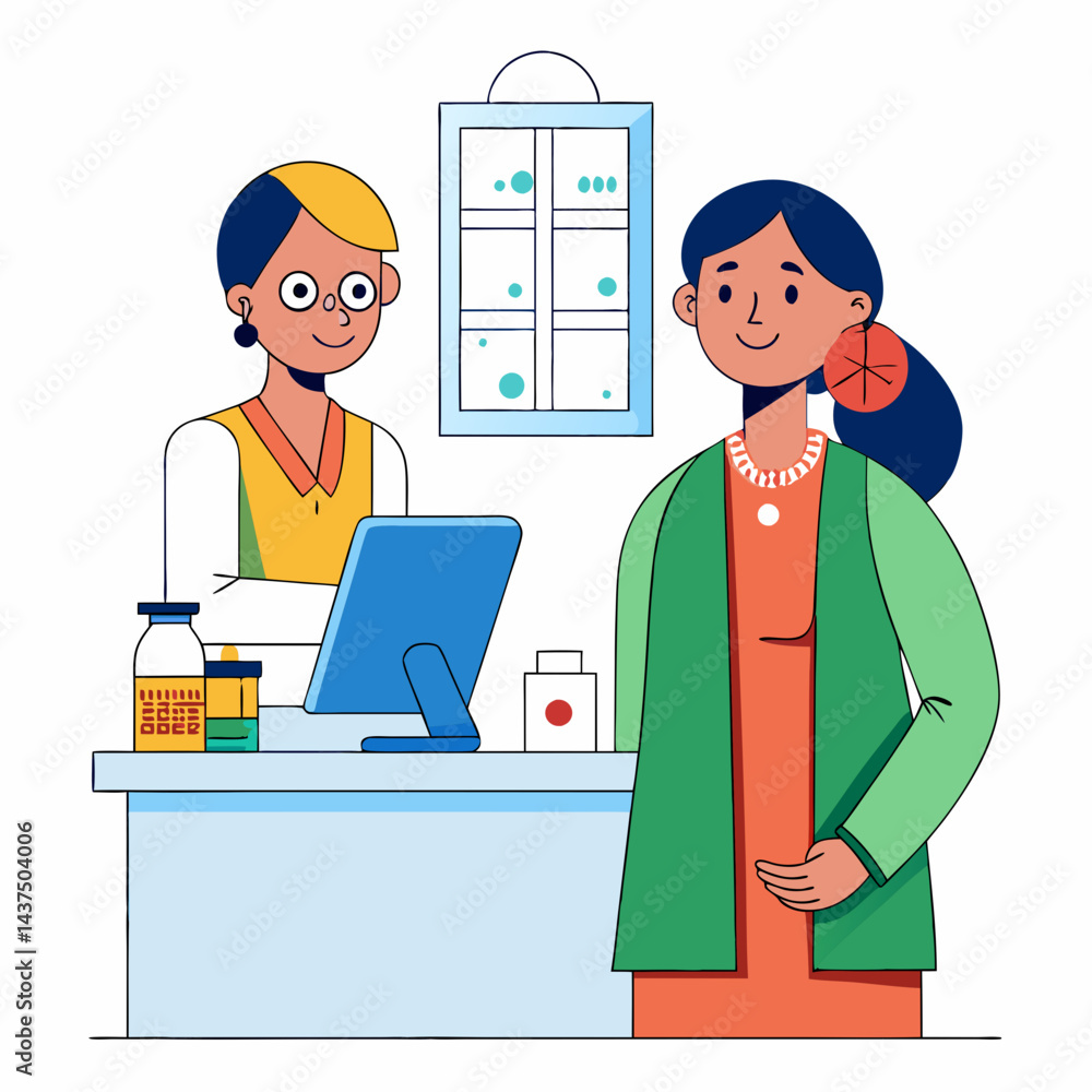 Fototapeta premium Minimalist line art of Indian pharmacist behind the counter filling a prescription, professional, healthcare service in pharmacy.