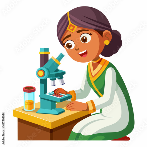 Tradional Indian female lab technician analyzing samples under microscope in laboratory