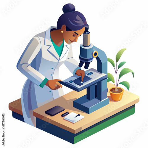 Indian female lab technician analyzing samples under microscope in laboratory